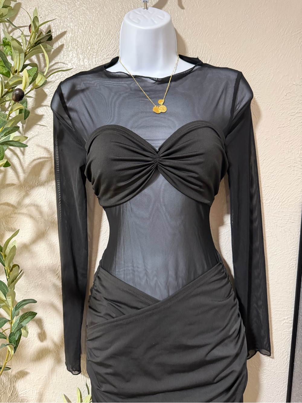 SHEIN Black Sheer Mesh Long Sleeve Twist-Bust Bodycon Dress